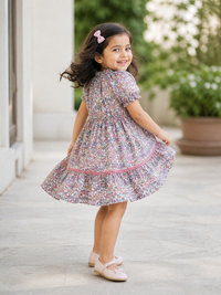 Girl wearing Hopebow Garden Bloom dress in soft floral print