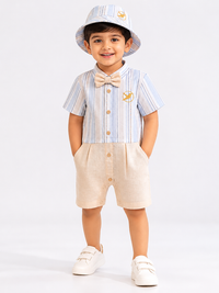 Hopebow Pastel Blue linen romper set with bucket hat and bow tie