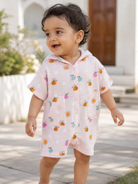 Baby wearing Hopebow bee print romper with matching hood