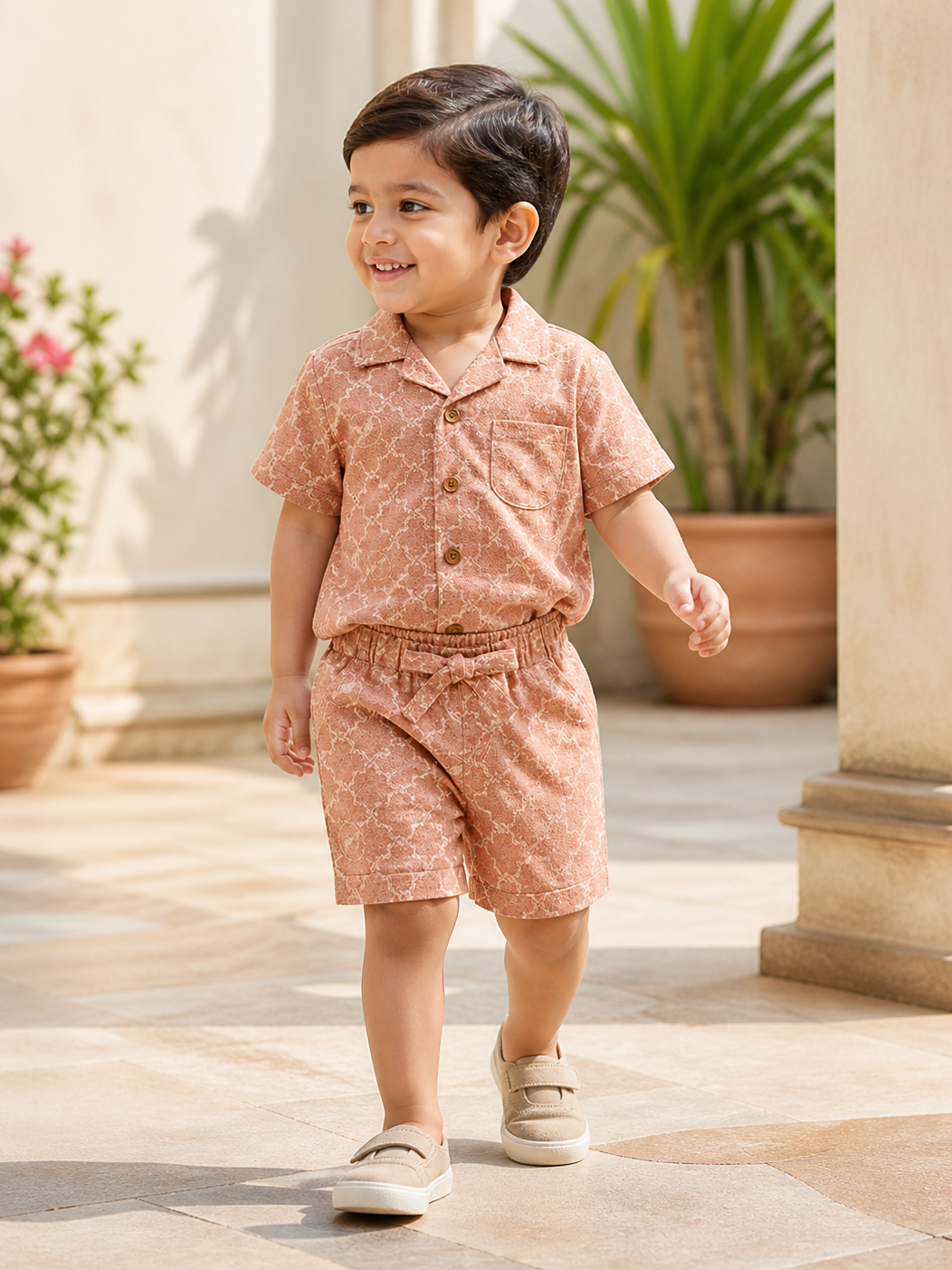 Boy wearing Hopebow dusty peach shirt and shorts co-ord