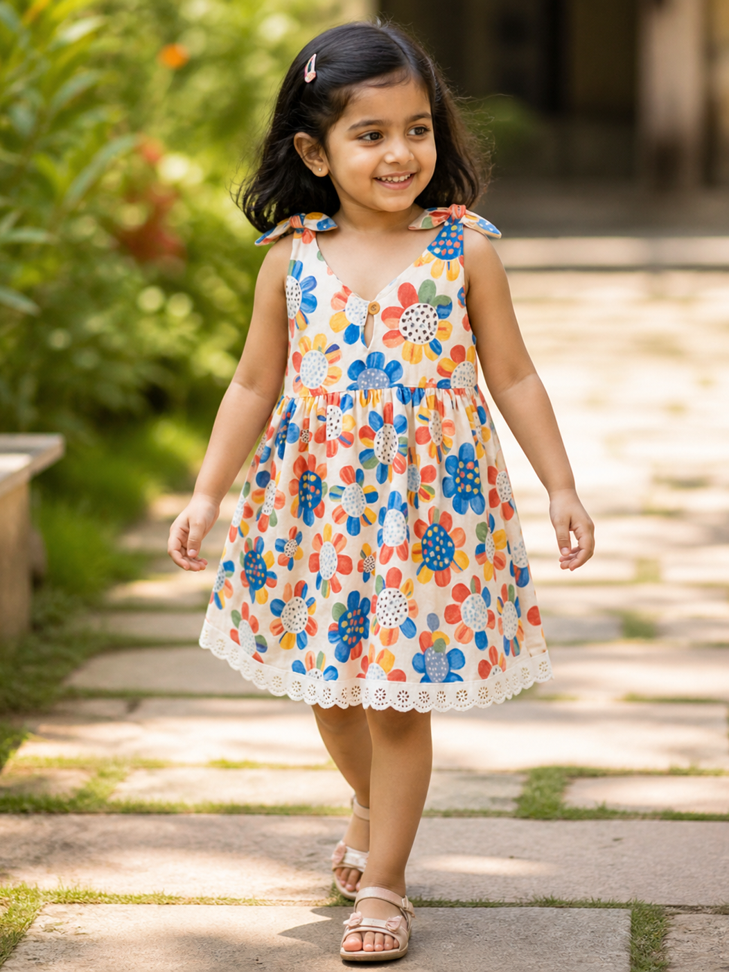 Girl wearing Hopebow tie-shoulder floral summer dress