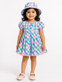 Hopebow Pastel Check baby girl frock with matching bucket hat