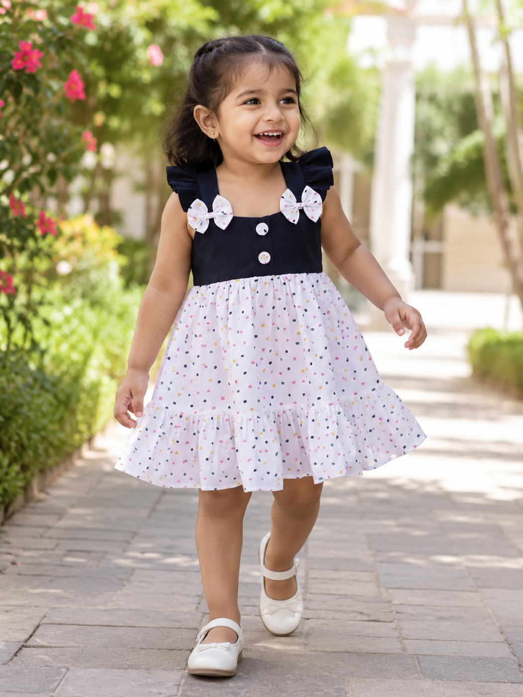 Toddler girl wearing Hopebow Noir Bow contrast frock