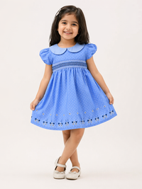 Hopebow Celeste Smocked blue cotton dress with Peter Pan collar