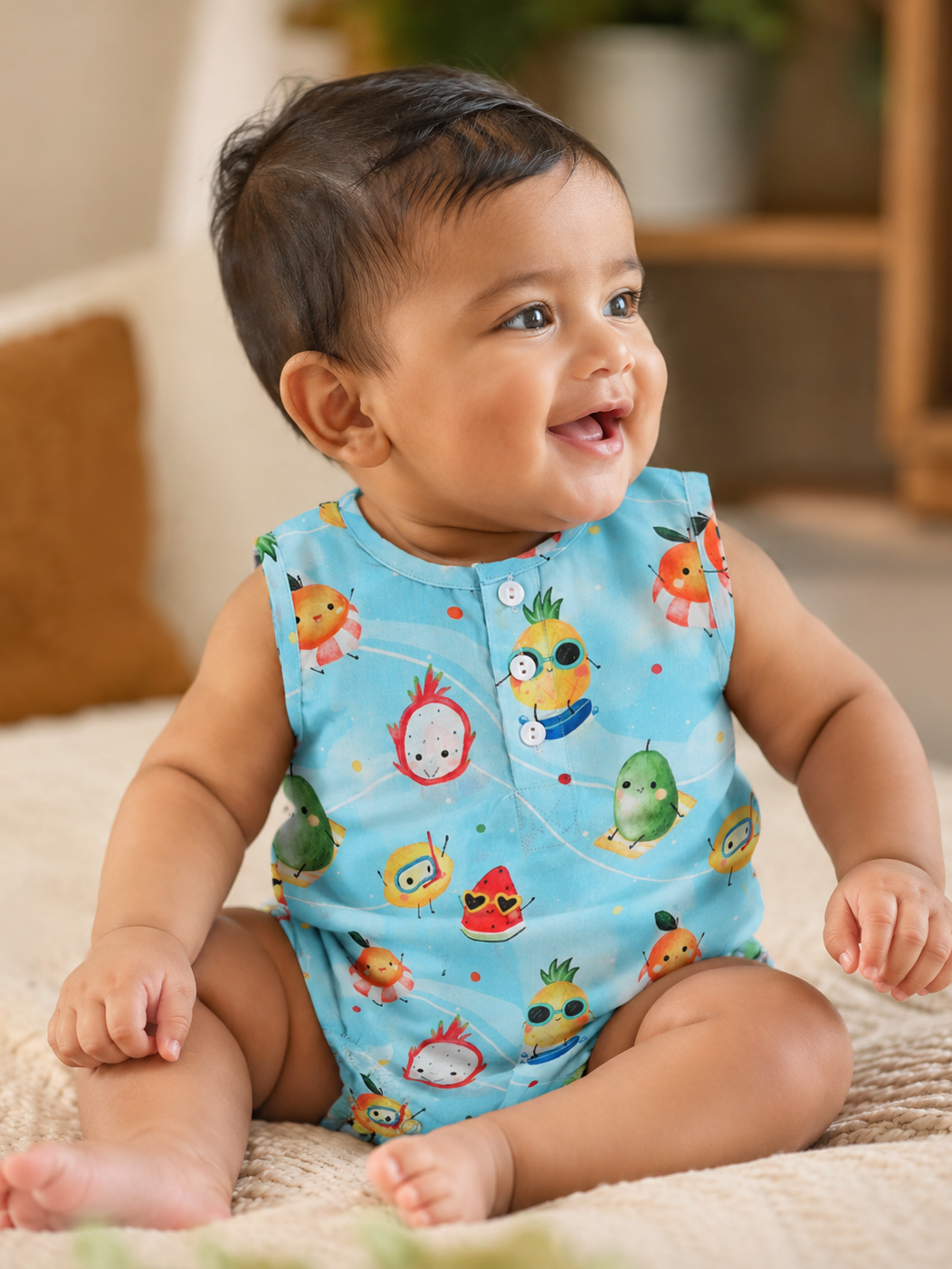 Baby wearing Hopebow aqua fruit-and-bee print romper