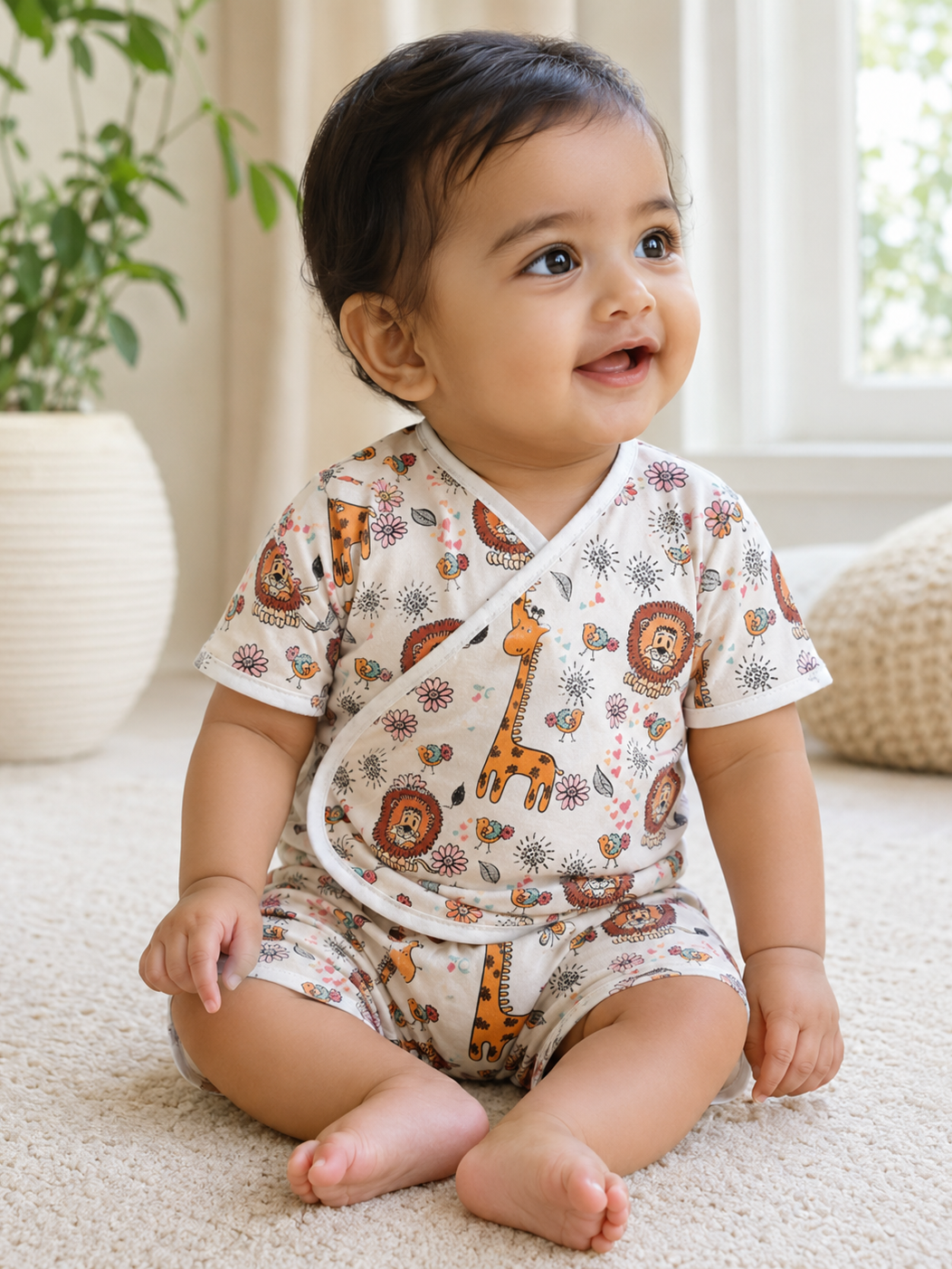 Baby wearing Hopebow safari print cotton co-ord
