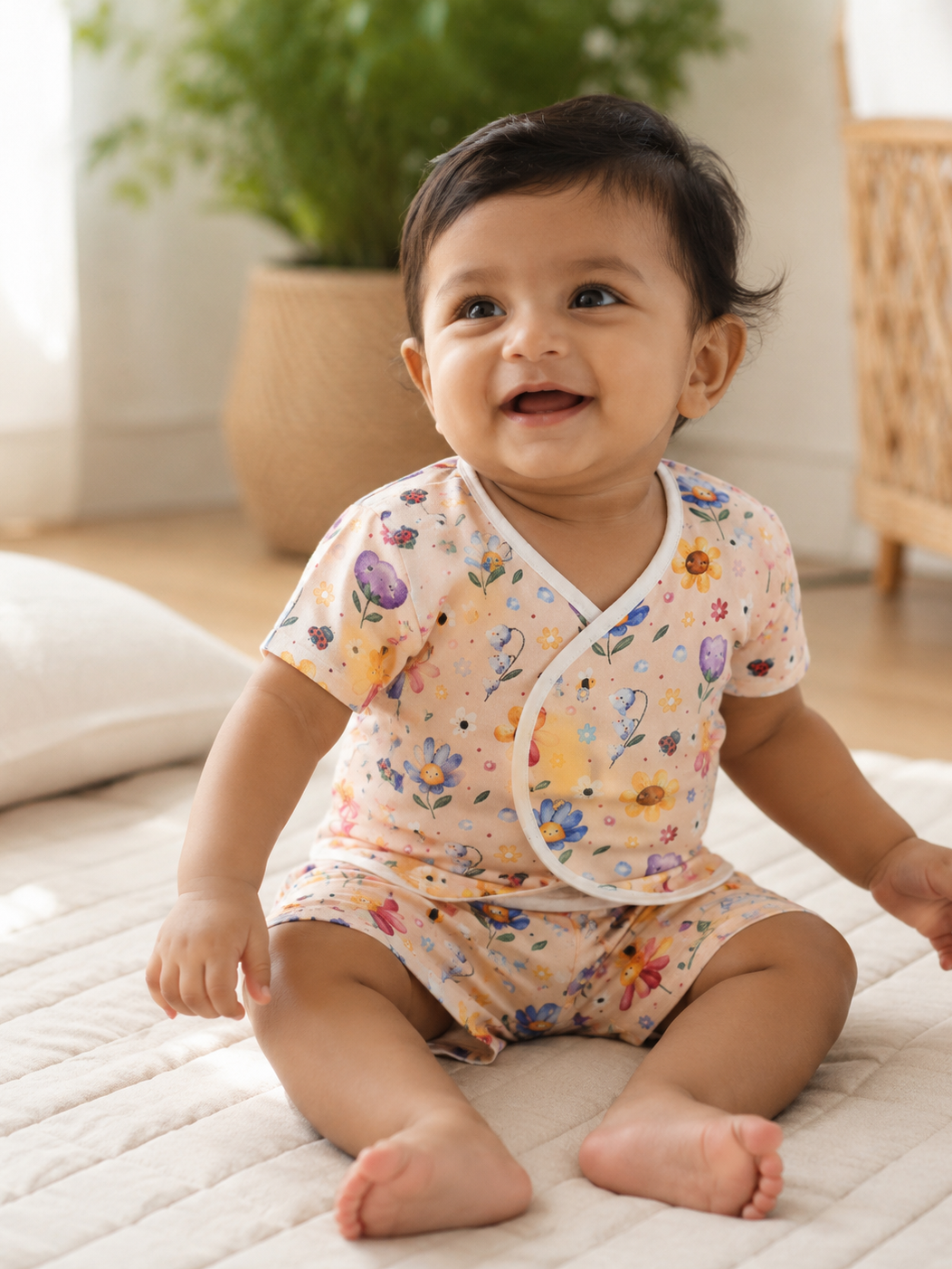 Baby wearing Hopebow garden bloom peach co-ord