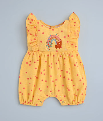 Baby Girls Yellow Cotton Romper with Hopebow Embroidery – Soft Summer Outfit for Newborns & Infants