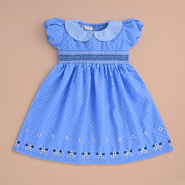 Girls Blue Cotton Dress with Peter Pan Collar & Smocked Waist – Soft Summer Party Outfit for Toddlers & Kids