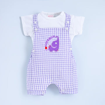 Baby Boys & Girls Cotton Dungaree Romper with T-Shirt Purple Gingham Overalls with Elephant Embroidery