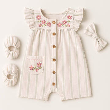 Baby Girls Cotton Romper with Floral Embroidery & Accessories Summer Outfit with Bow & Scrunchies