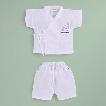 Boys & Girls White Cotton Kimono-Style Summer Co-Ord Set Wrap Top with Matching Shorts