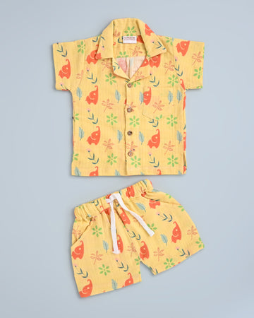Boys & Girls Yellow Cotton Summer Co-Ord Set – Short Sleeve Shirt with Matching Printed Shorts