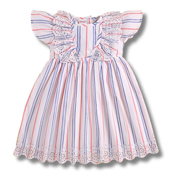 Girls Cotton Striped Dress with Eyelet Lace Collar – Soft Summer Party Dress for Toddlers & Kids