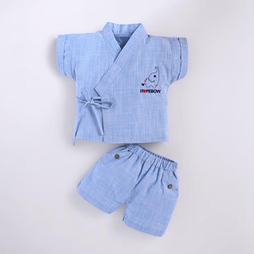 Boys & Girls Cotton Kimono-Style Summer Co-Ord Set Blue Wrap Top with Matching Shorts