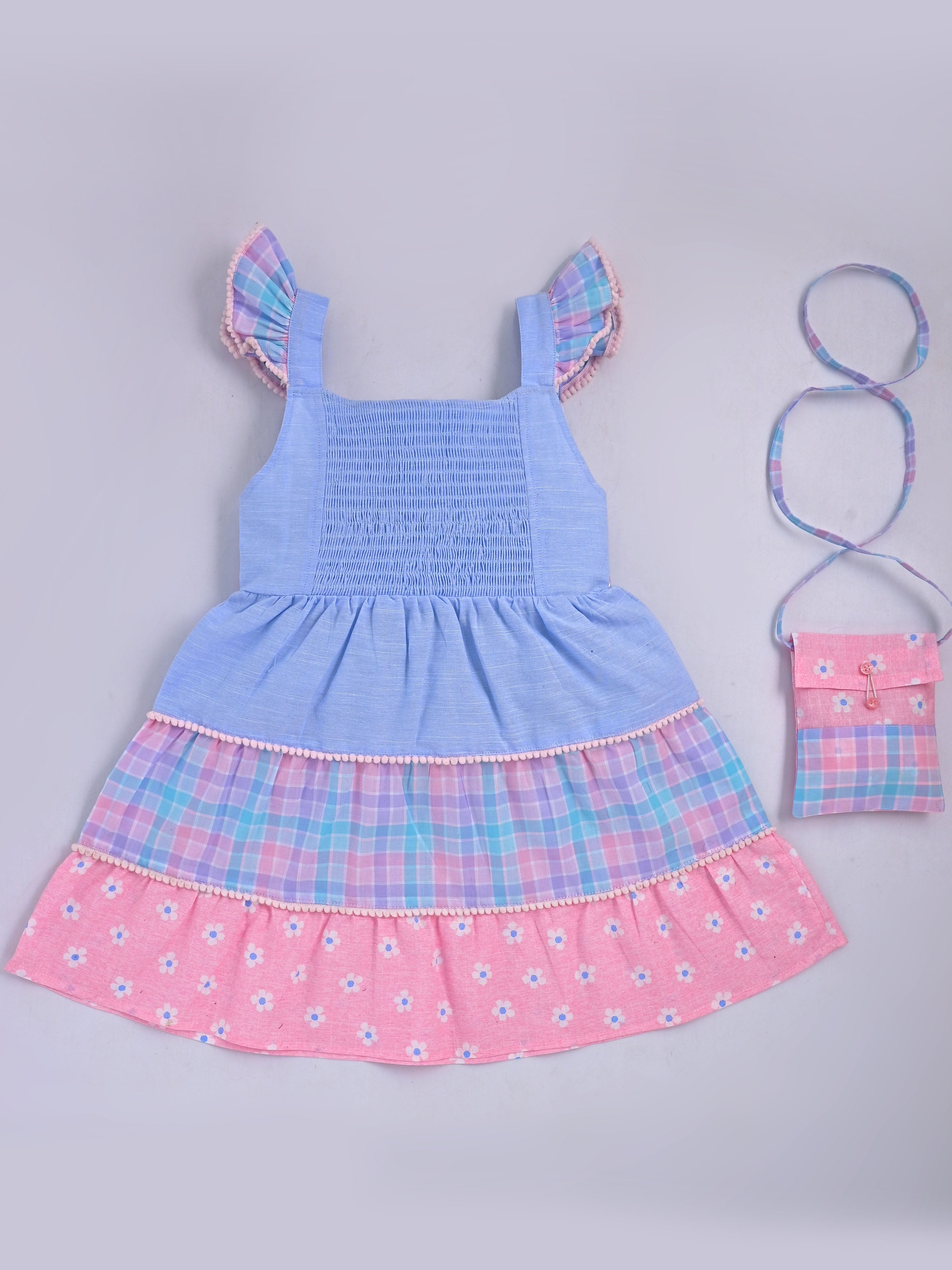 Hopebow Pastel Bloom tiered cotton baby girl frock with coordinating bucket hat
