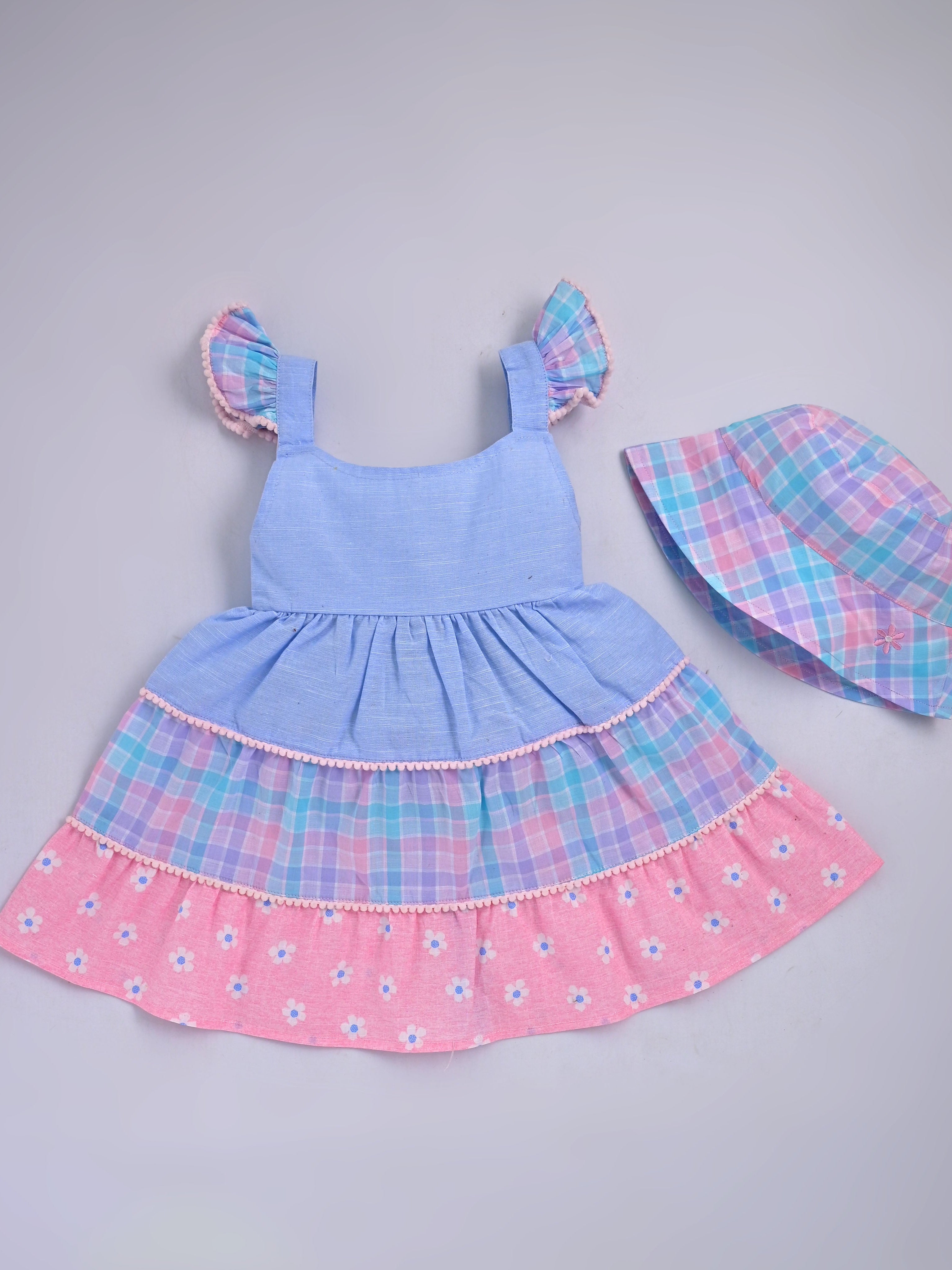 Hopebow Pastel Bloom baby girl frock with bucket hat — full view