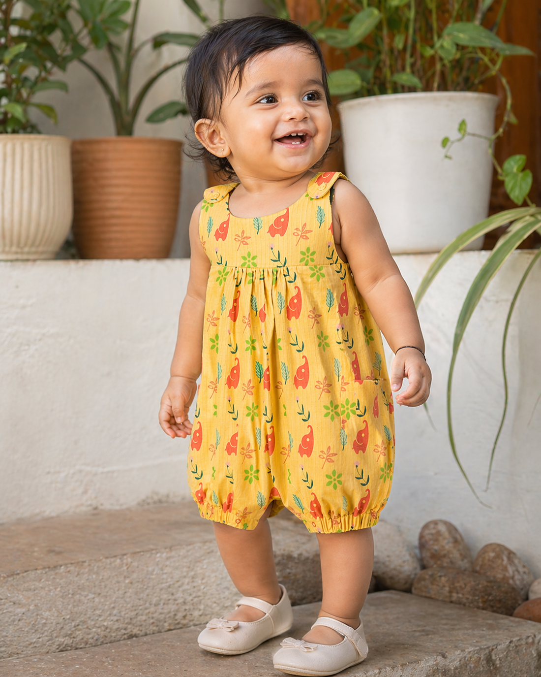 Hopebow Sunshine Elephant yellow baby girl romper