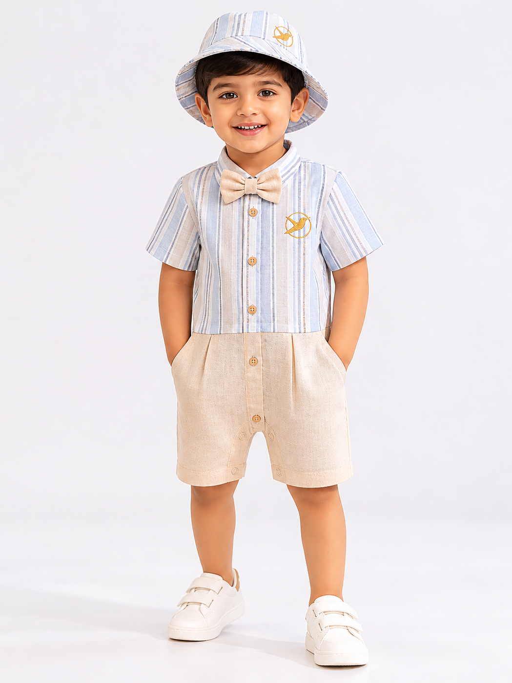 Hopebow Pastel Blue linen romper set with bucket hat and bow tie
