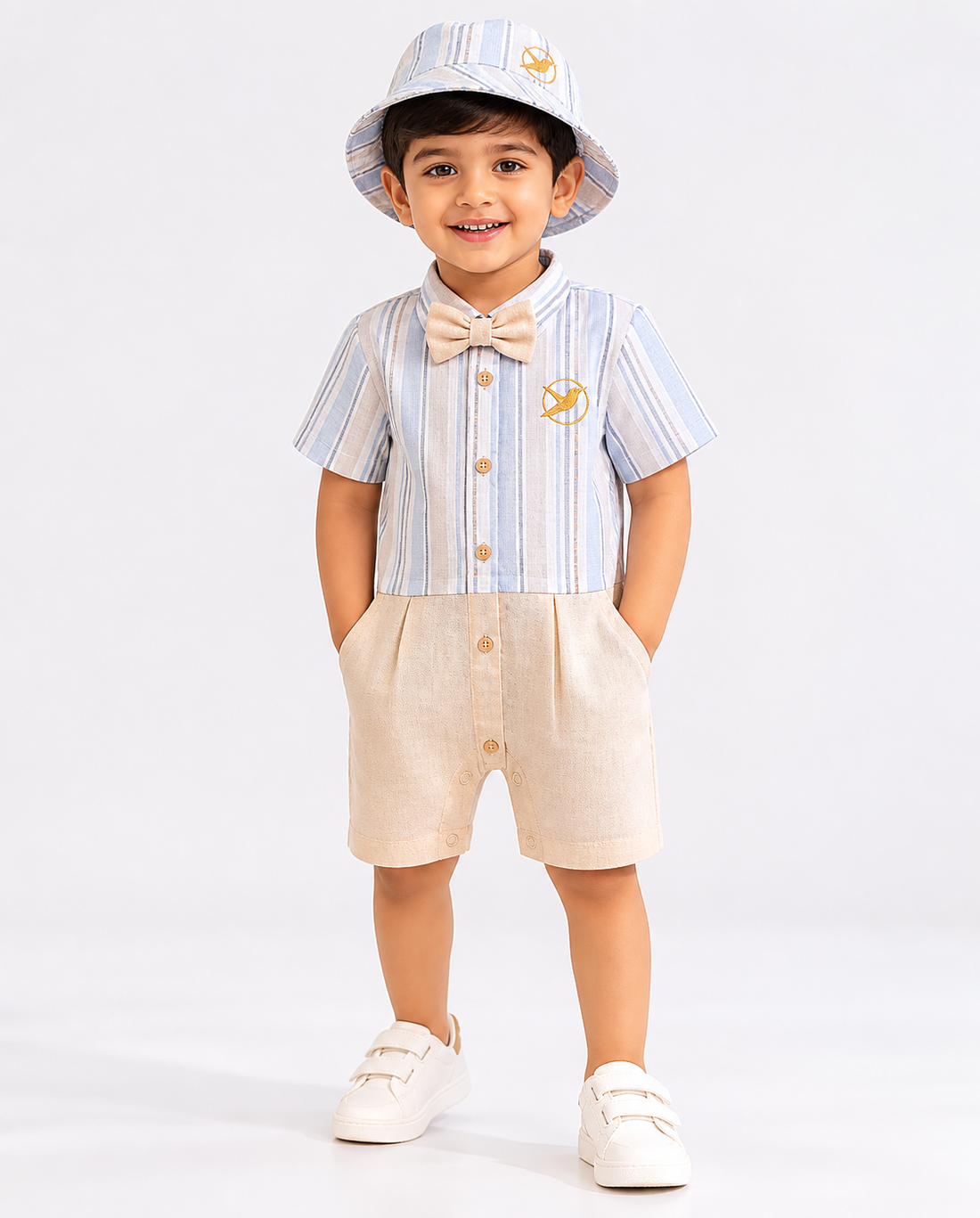 Premium baby boy romper set with matching cap and bow tie