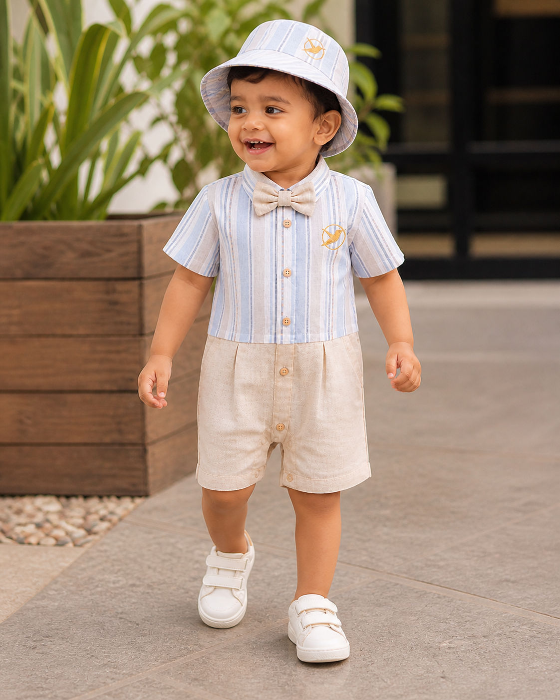 Premium baby boy romper set with matching cap and bow tie