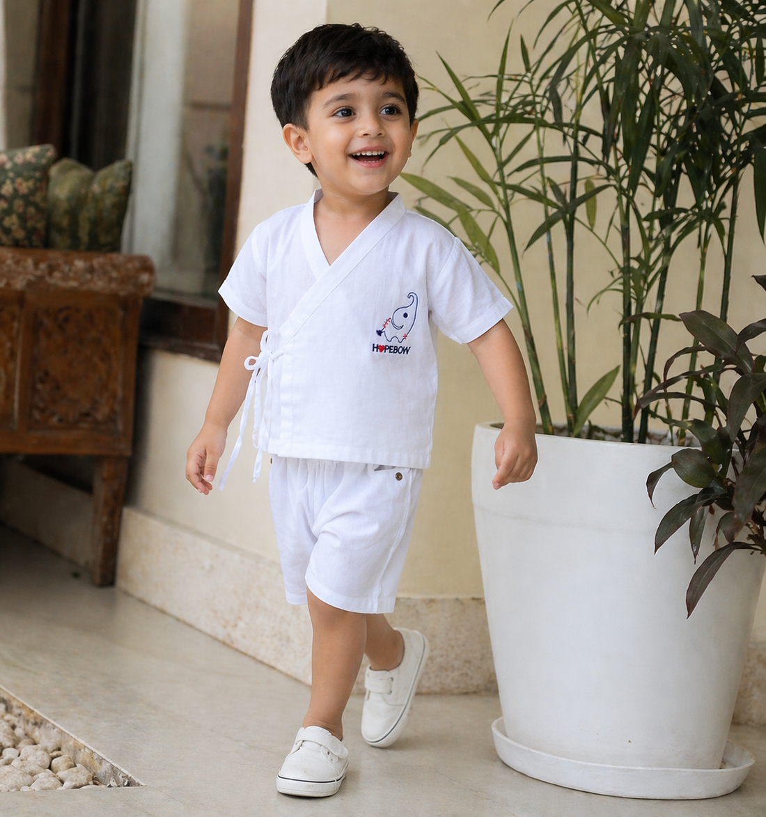 Premium boys white cotton co ord set with shorts