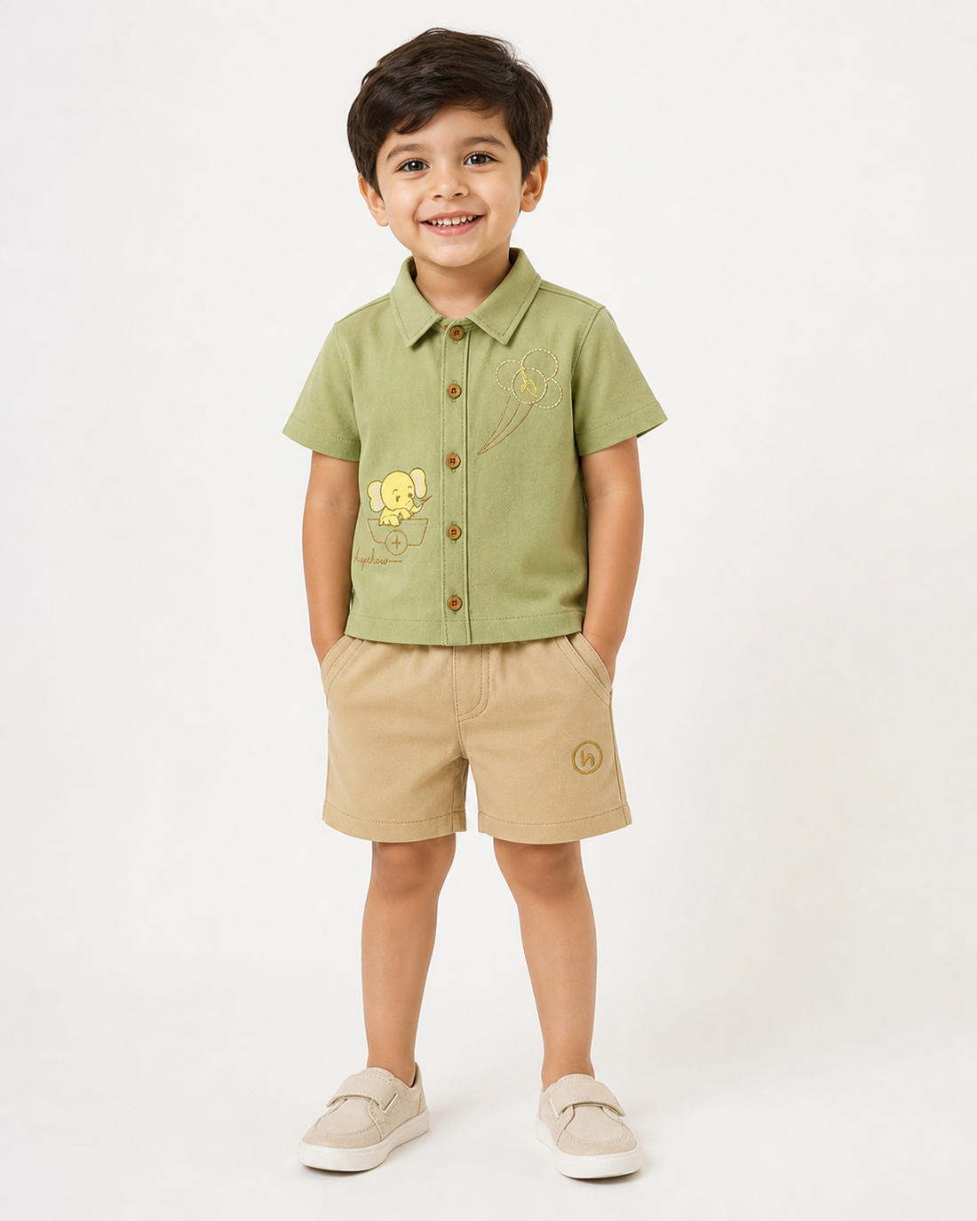 Premium boys co ord set in sage green shirt and beige shorts