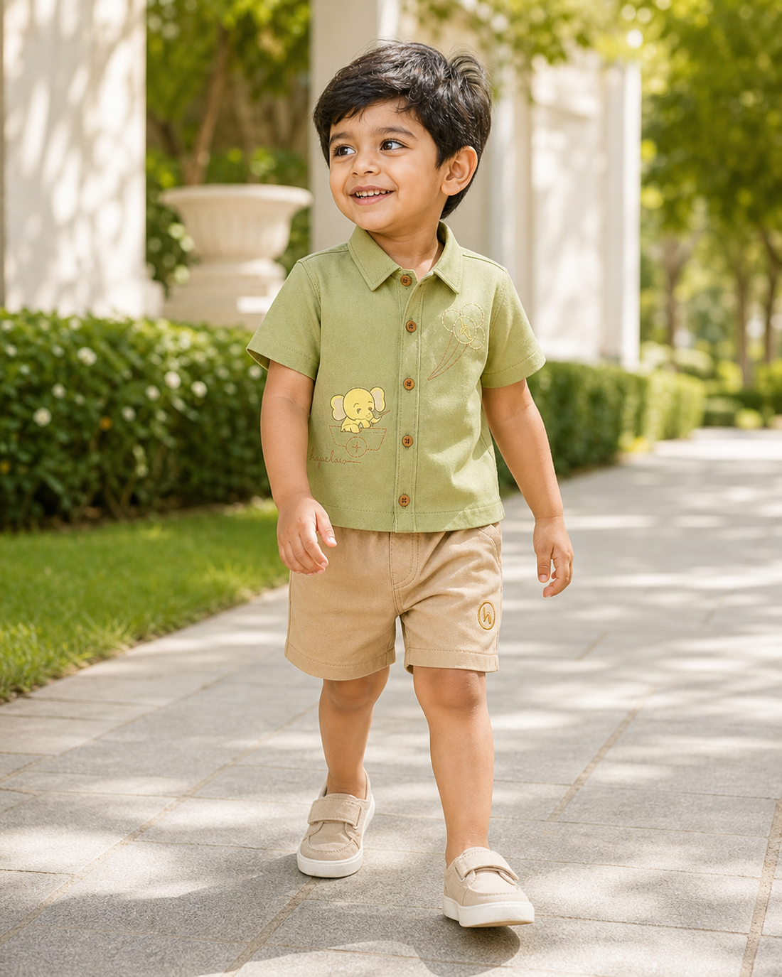 Premium boys co ord set in sage green shirt and beige shorts