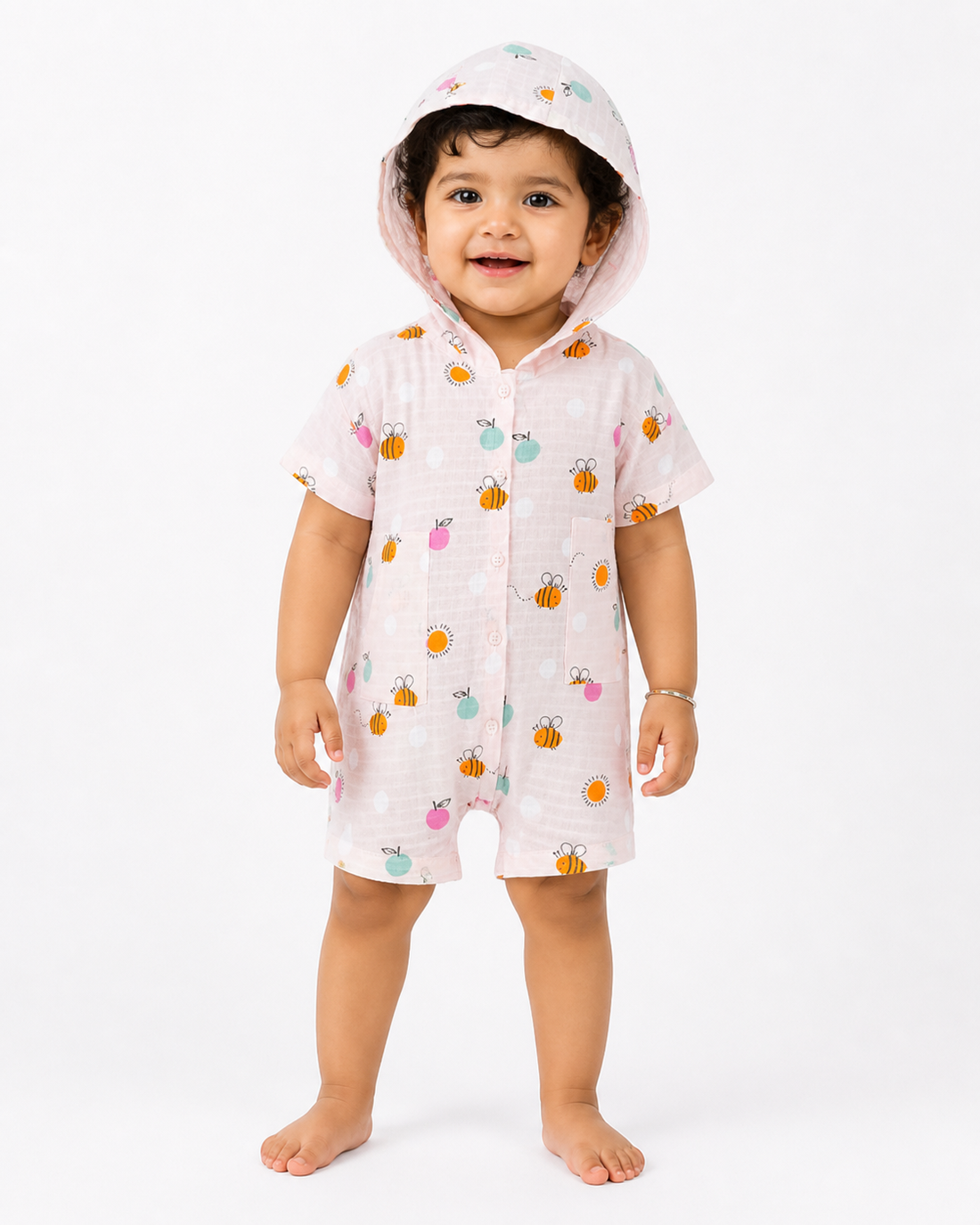 Hopebow Bee Garden hooded baby romper in soft pastel print