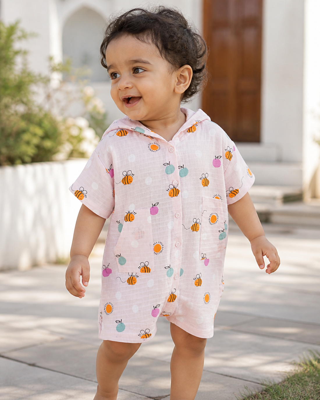 Hopebow Bee Garden hooded baby romper in soft pastel print