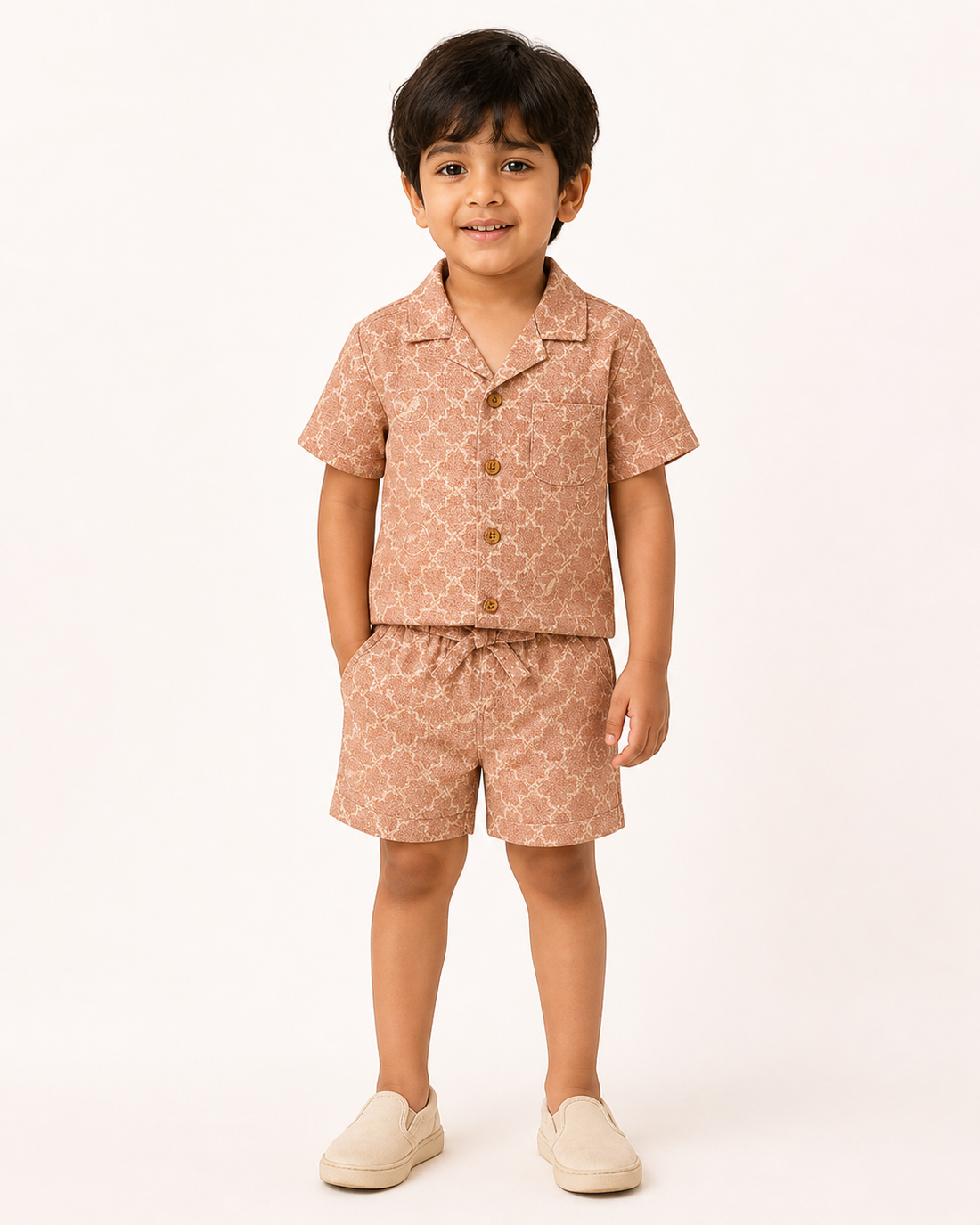 Boys peach printed co ord set with shirt and shorts