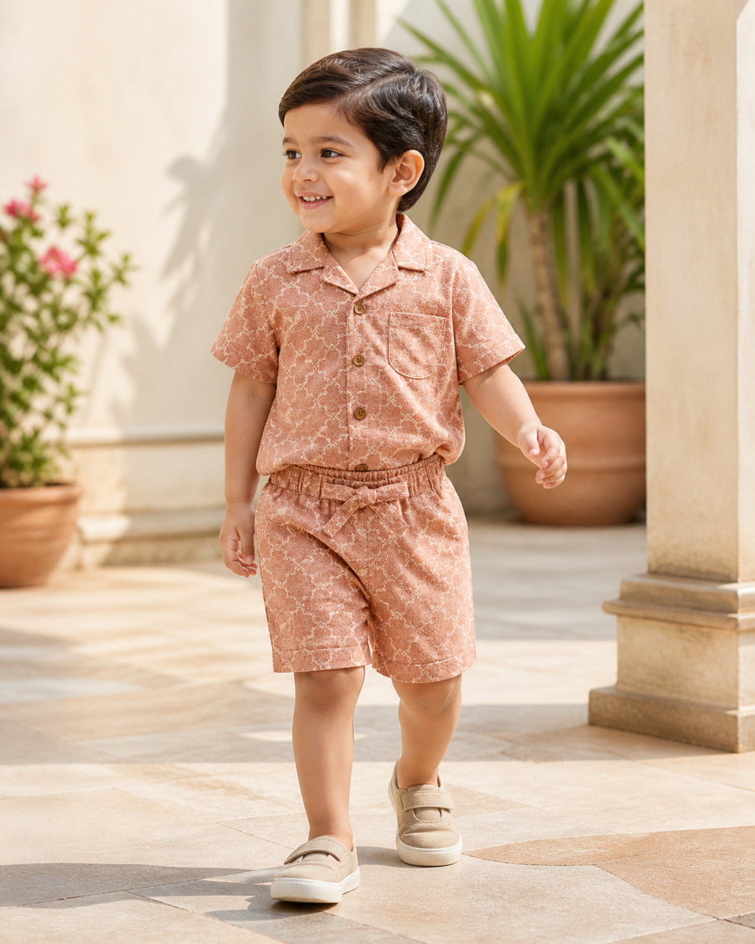 Boys peach printed co ord set with shirt and shorts
