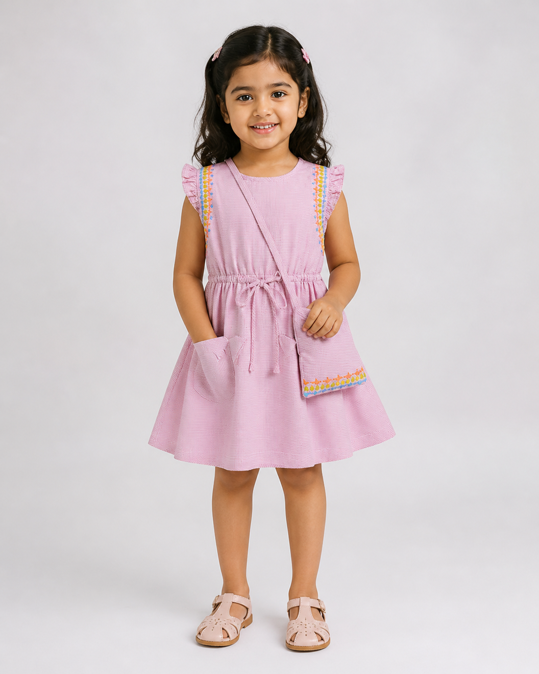 Hopebow Pink Ruffle Garden cotton dress with sling bag