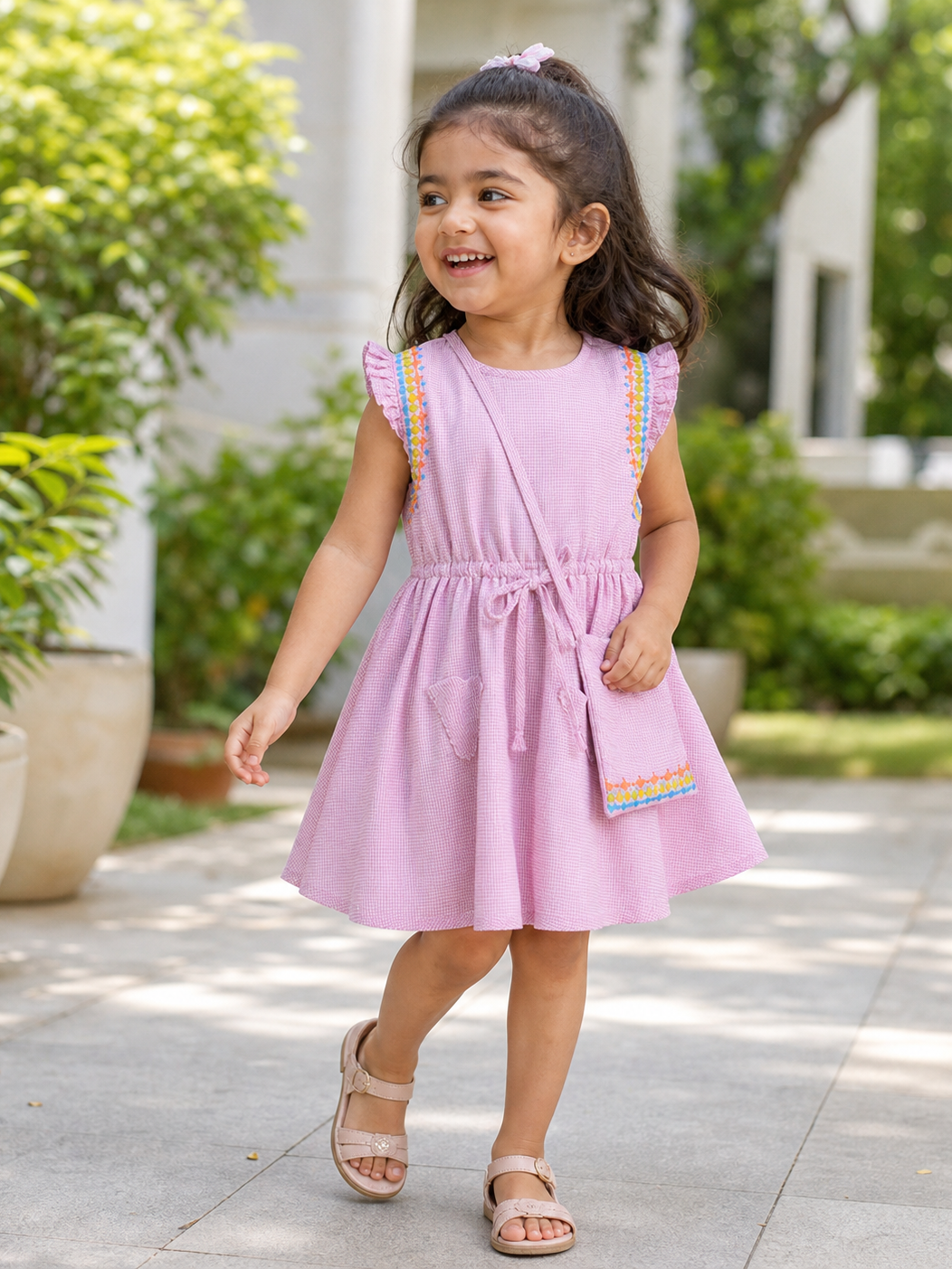 Girl wearing Hopebow pink ruffle dress and matching sling bag