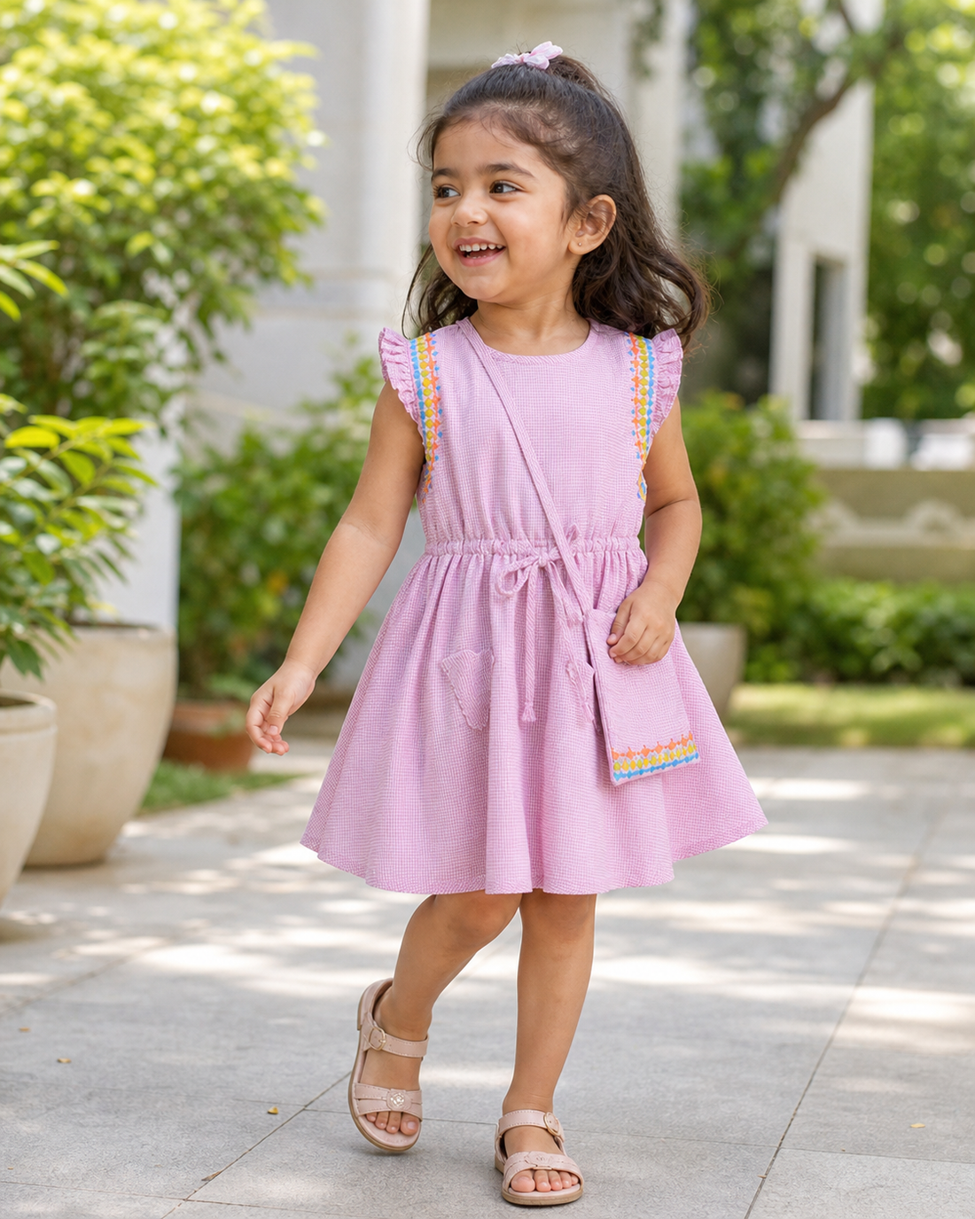 Hopebow Pink Ruffle Garden cotton dress with sling bag