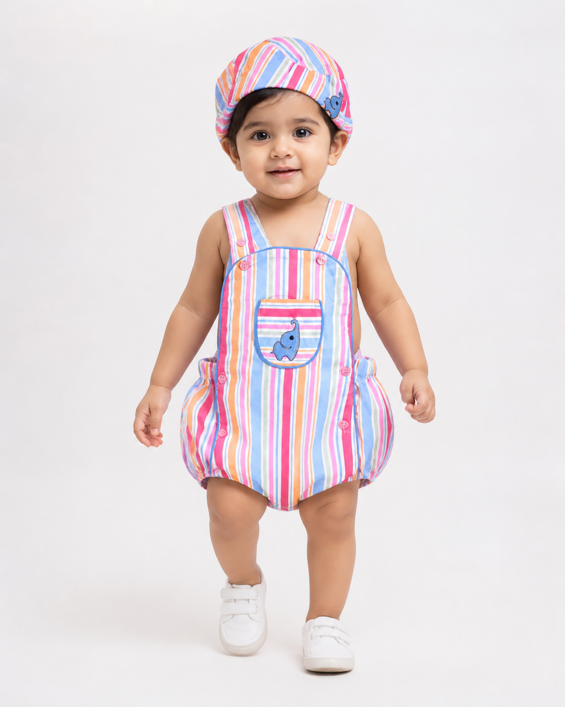 Premium striped baby romper set with matching cap
