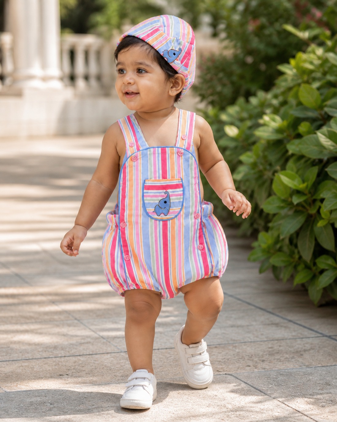 Premium striped baby romper set with matching cap