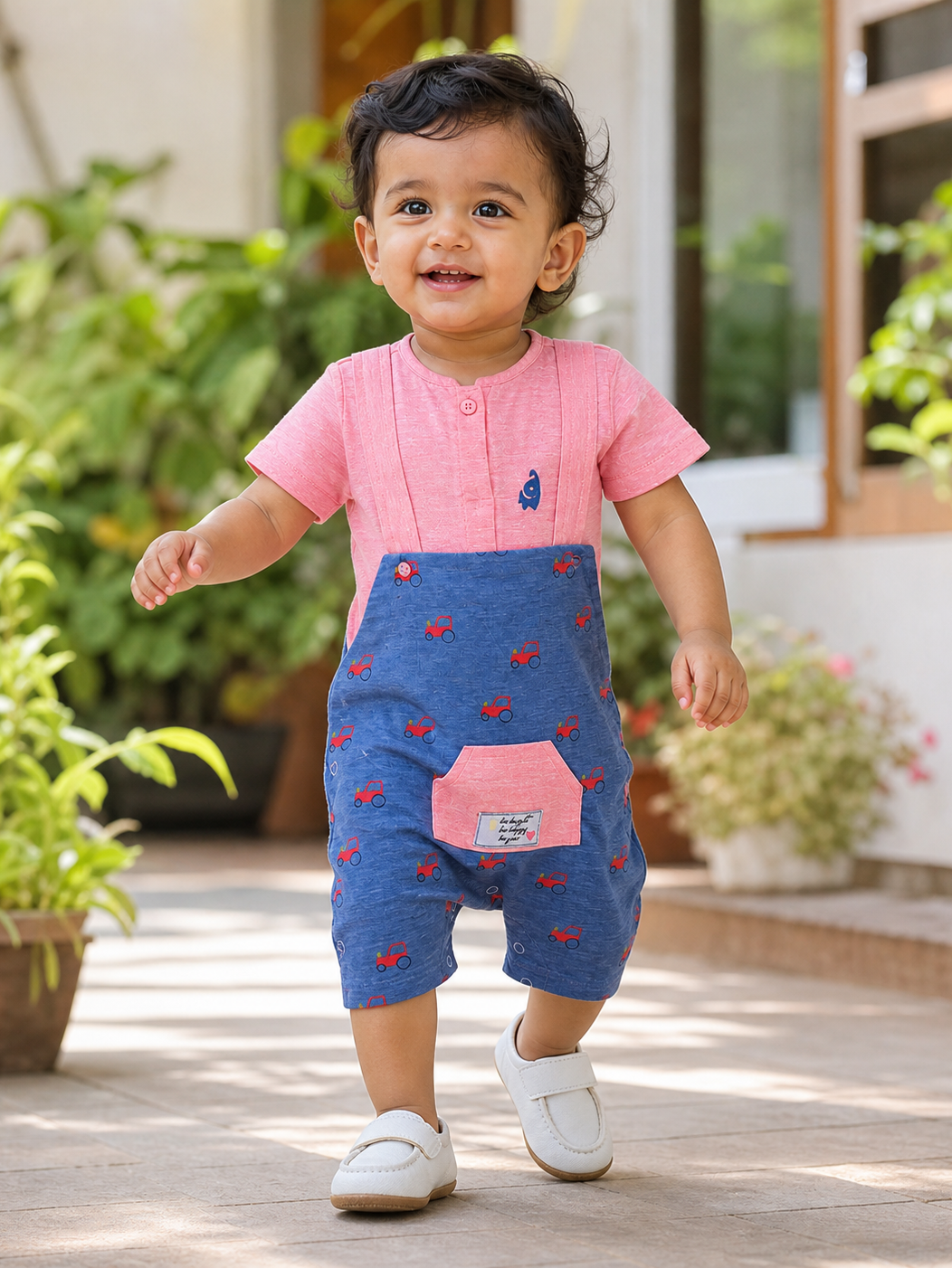Baby wearing Hopebow pink and blue romper with motor print lower