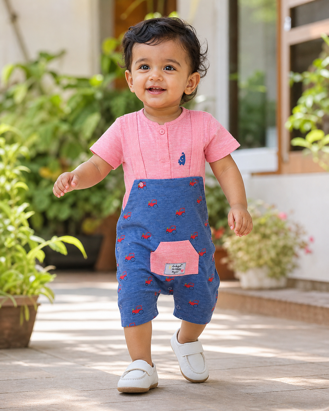 Premium baby boy romper in pink and blue with vehicle print