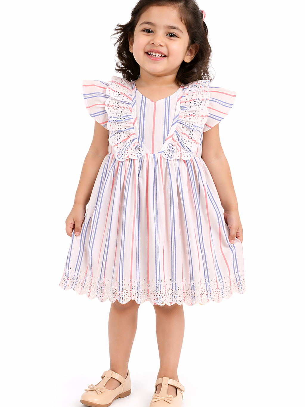 Hopebow Pastel Stripe lace cotton dress with smocked yoke