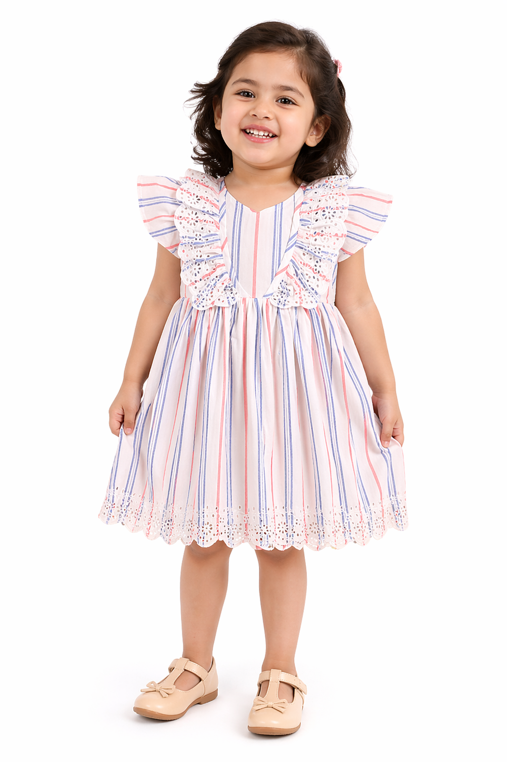 Hopebow Pastel Stripe lace cotton dress with smocked yoke