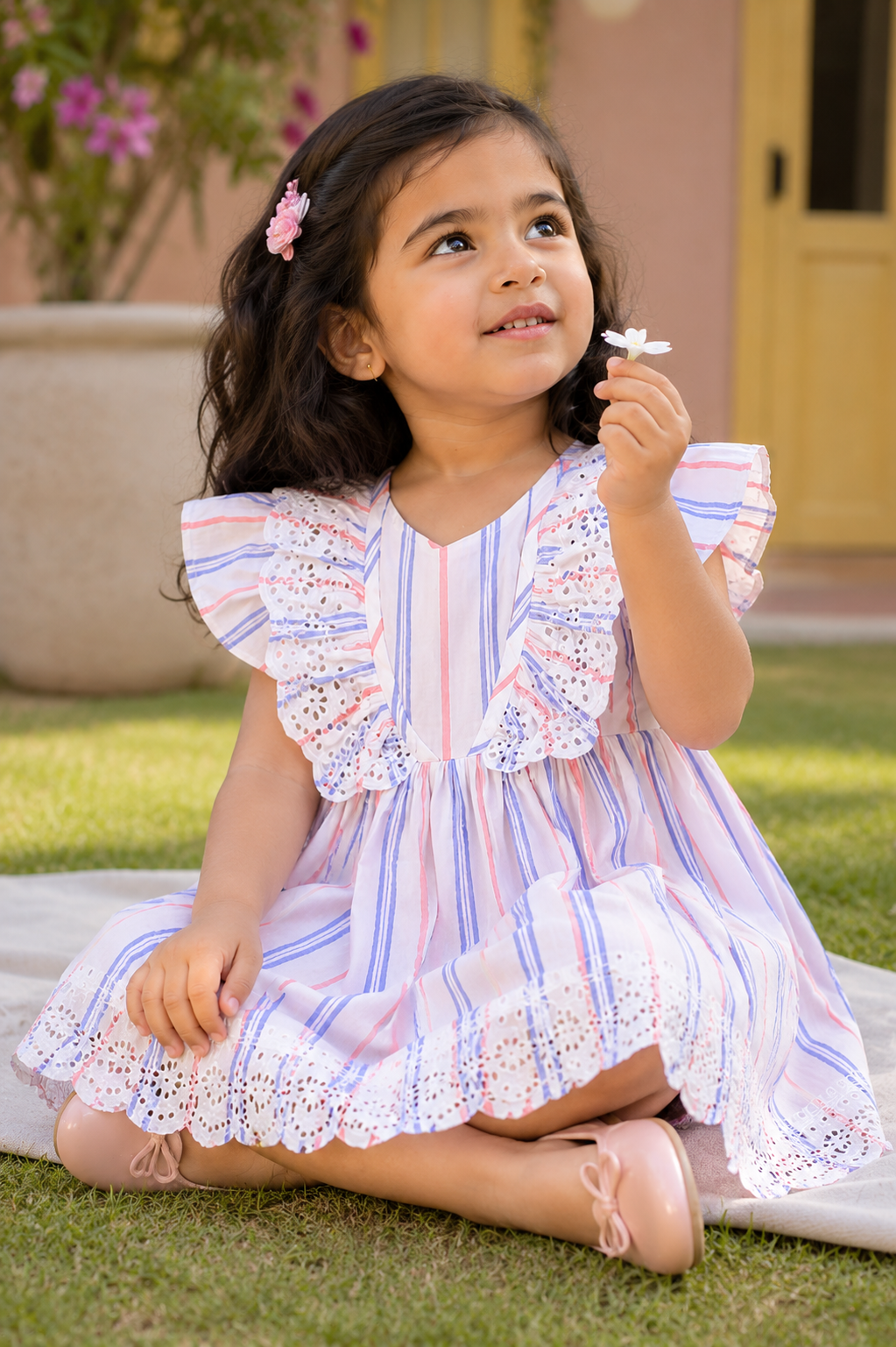 Hopebow Pastel Stripe lace cotton dress with smocked yoke