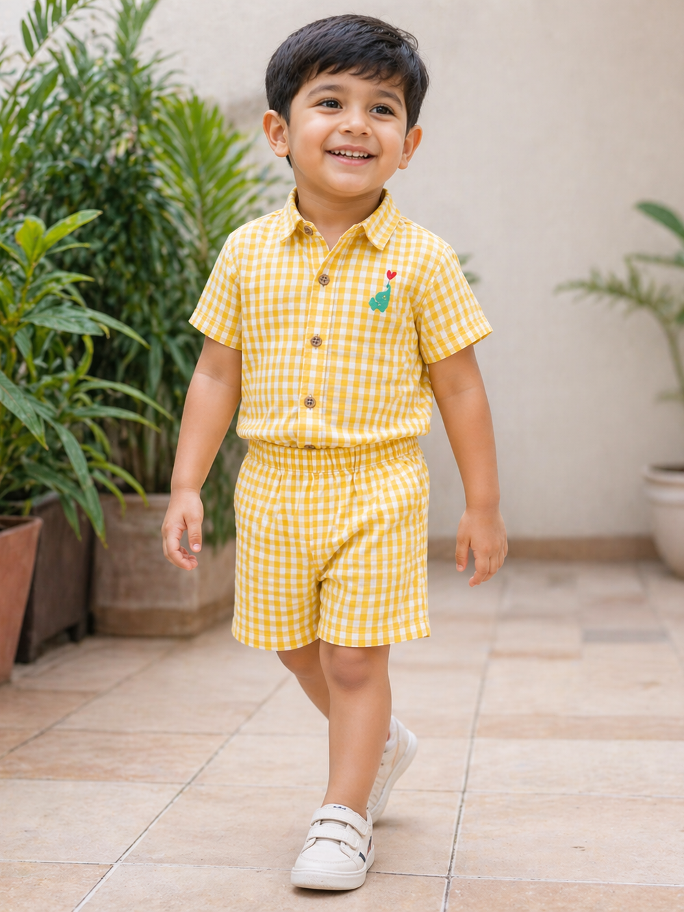 Boy wearing Hopebow yellow gingham shirt and shorts