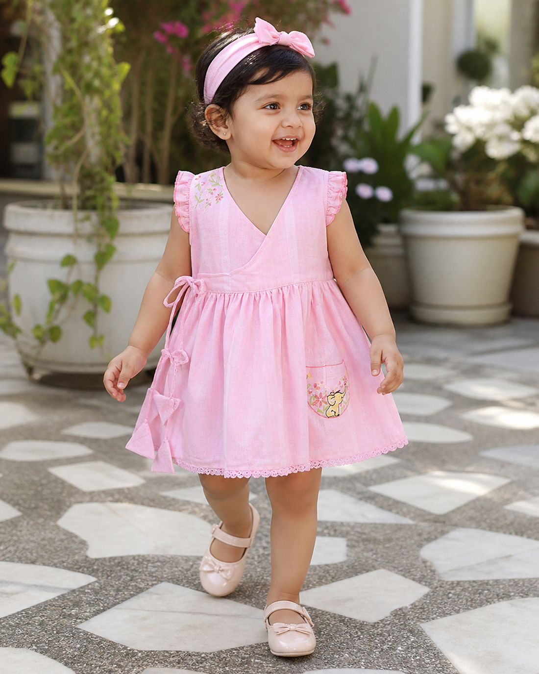 Hopebow Rosewater Bow soft pink baby girl dress with headband