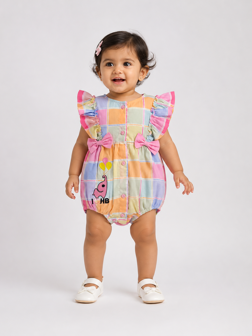 Hopebow Pastel Patch Bow baby girl romper with ruffle shoulders