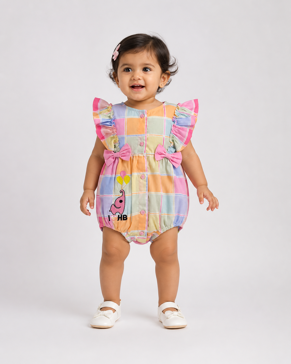 Hopebow Pastel Patch Bow baby girl romper with ruffle shoulders
