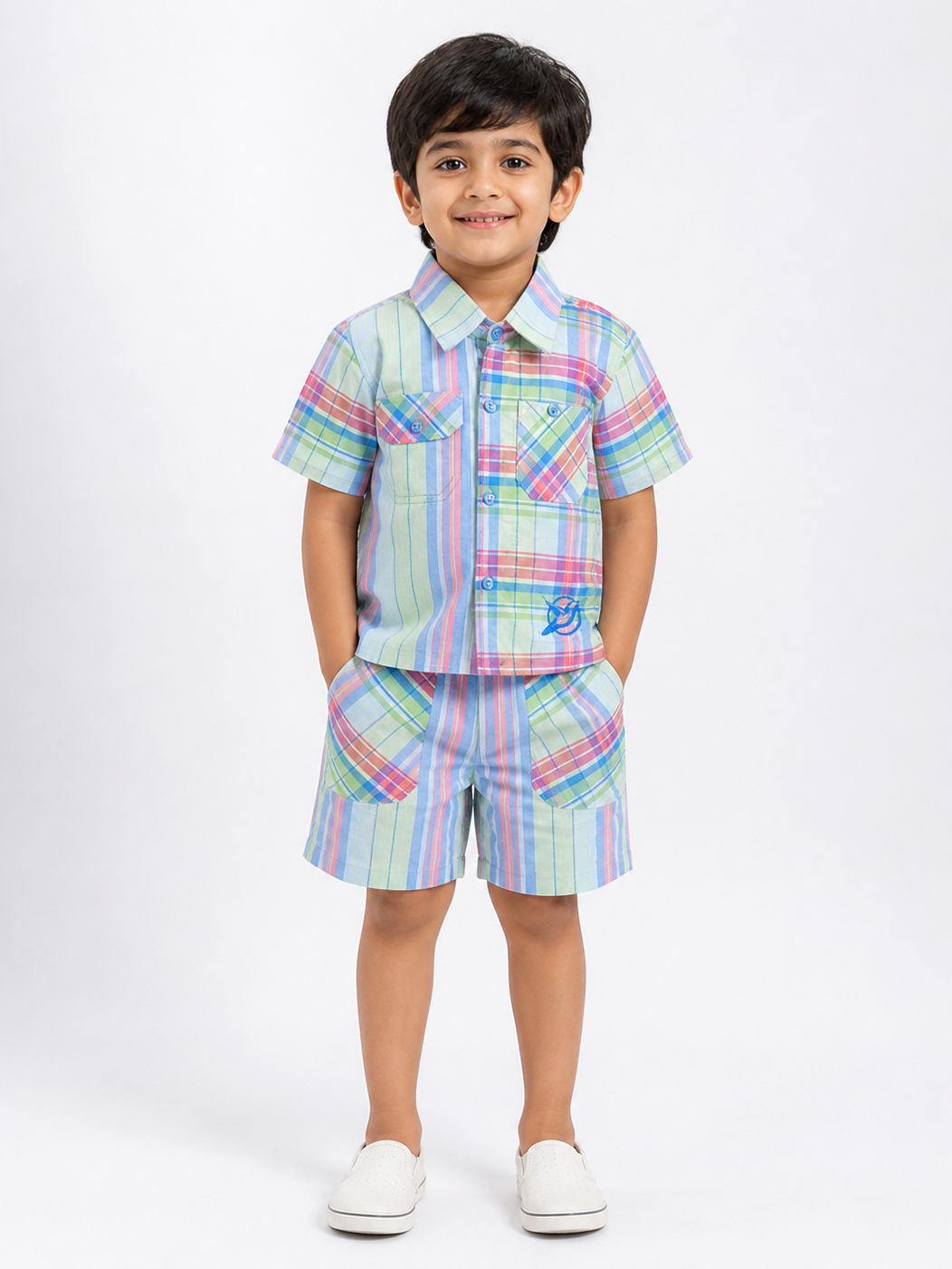 Hopebow Pastel Check cotton shirt and shorts boys co-ord