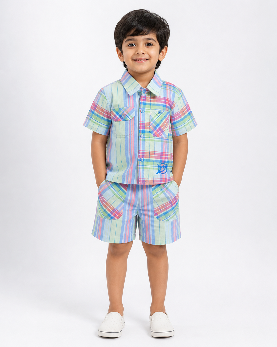 Hopebow Pastel Check cotton shirt and shorts boys co-ord