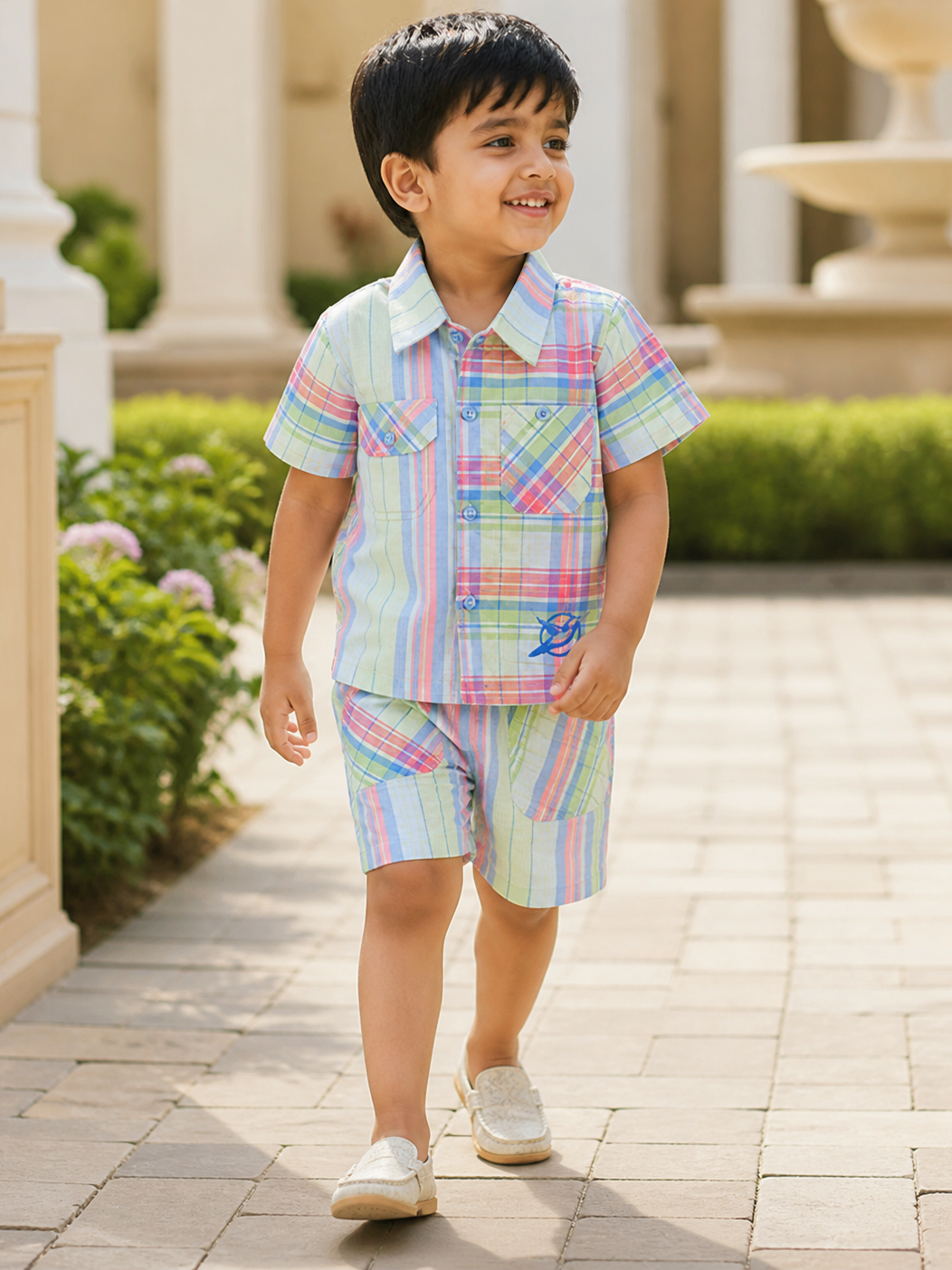 Boy wearing Hopebow pastel check cotton co-ord