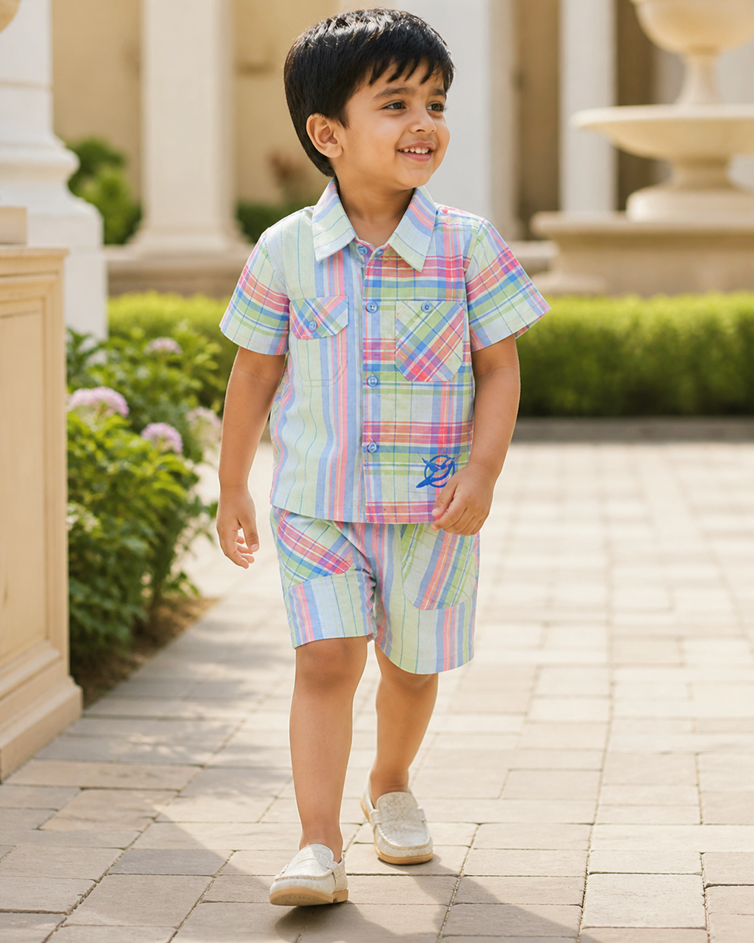 Hopebow Pastel Check cotton shirt and shorts boys co-ord